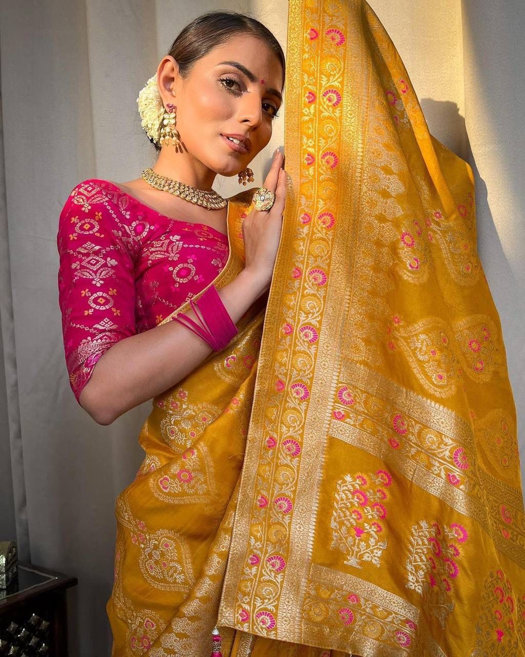 Marvellous Yellow Soft Silk Saree With Tremendous Blouse Piece