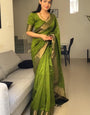 Invaluable Green Cotton Silk Saree With Precious Blouse Piece