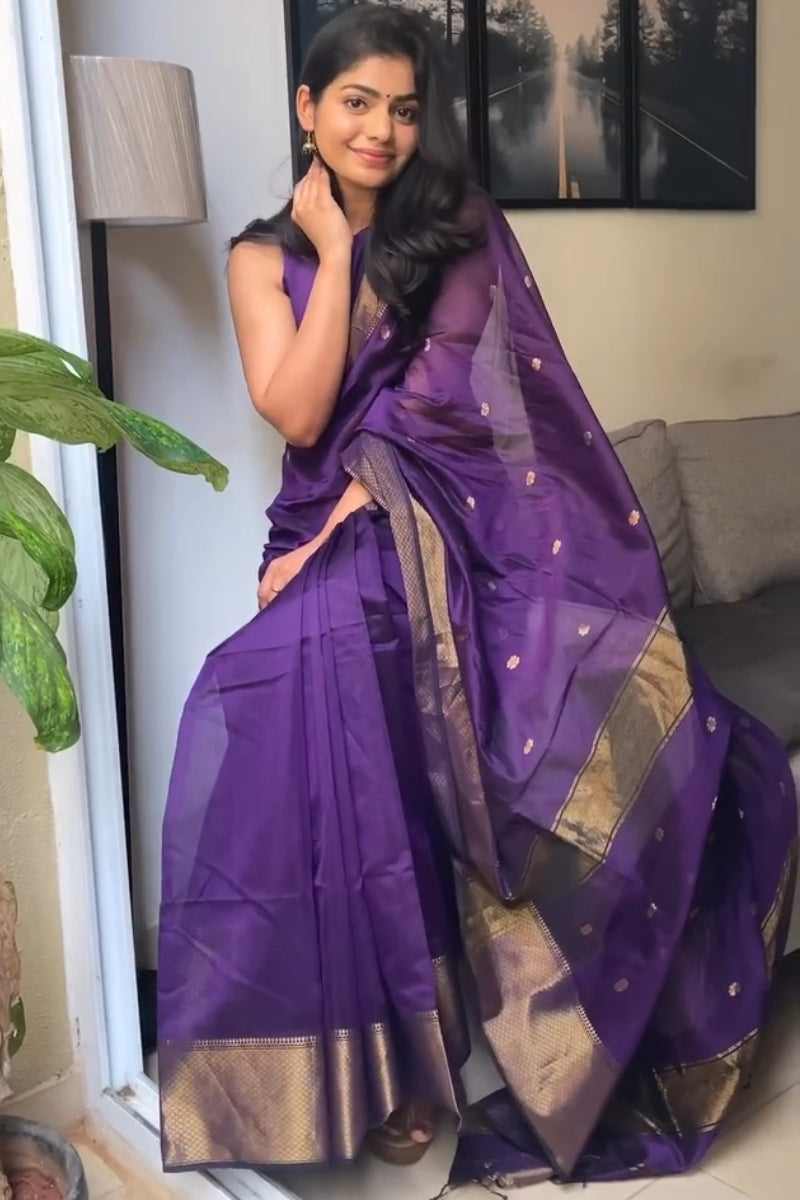 Inspiring Purple Cotton Silk Saree With Stylish Blouse Piece