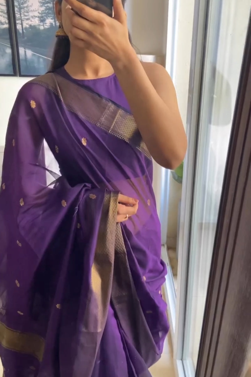 Inspiring Purple Cotton Silk Saree With Stylish Blouse Piece