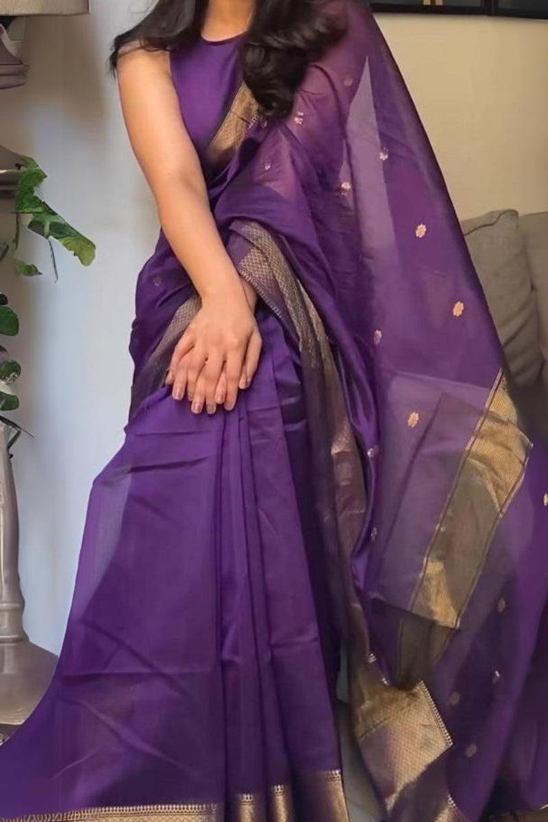 Inspiring Purple Cotton Silk Saree With Stylish Blouse Piece