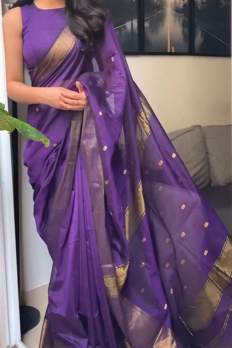 Inspiring Purple Cotton Silk Saree With Stylish Blouse Piece