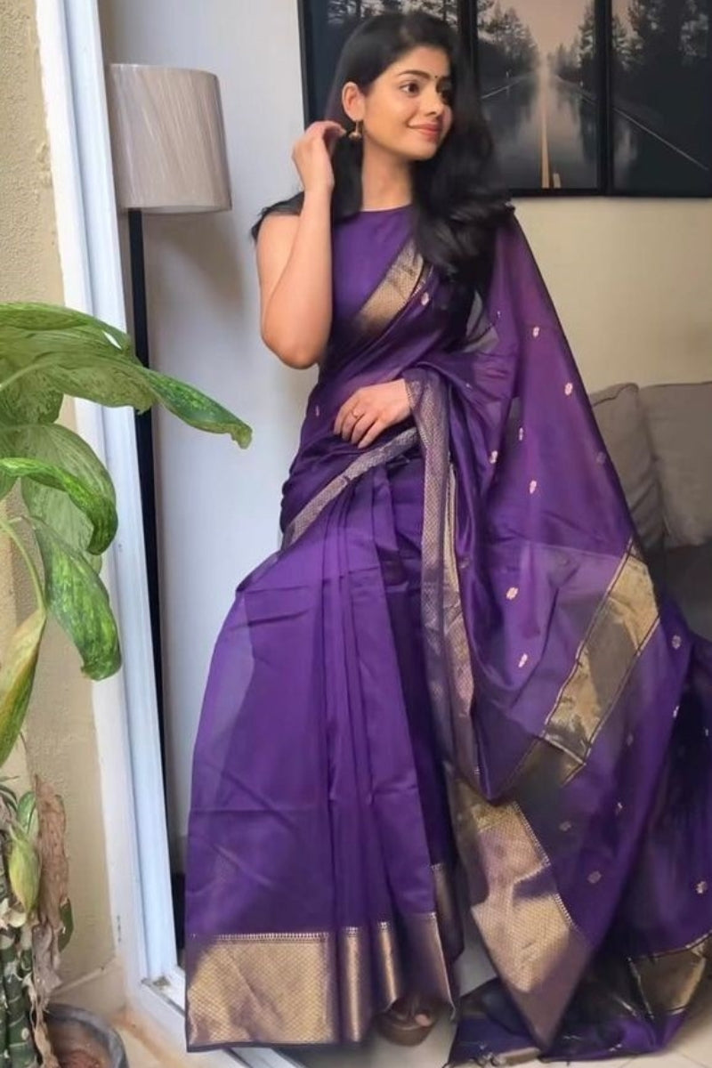 Inspiring Purple Cotton Silk Saree With Stylish Blouse Piece