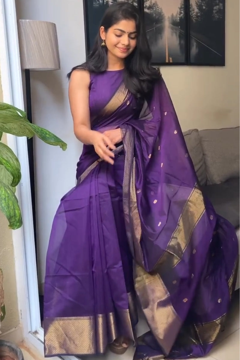 Inspiring Purple Cotton Silk Saree With Stylish Blouse Piece