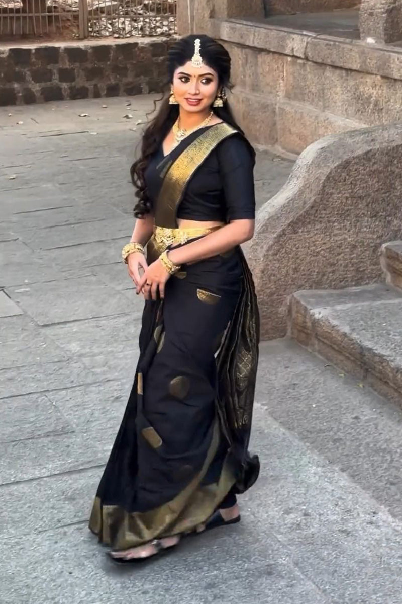 Sempiternal Black Soft Silk Saree With Bewitching Blouse Piece