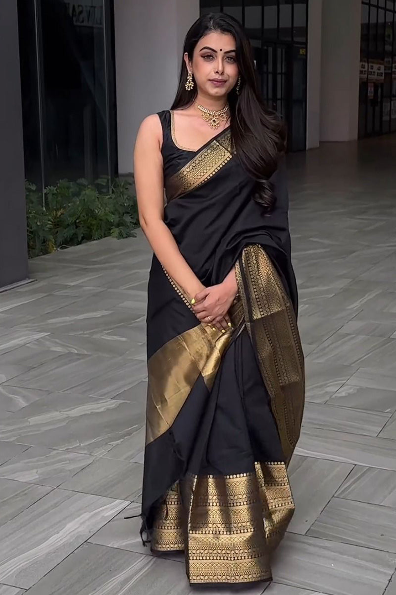 Chatoyant Black Soft Silk Saree With Felicitous Blouse Piece