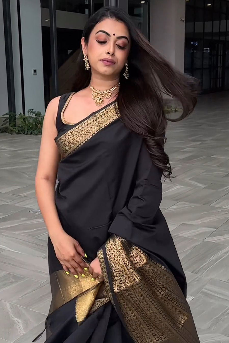 Chatoyant Black Soft Silk Saree With Felicitous Blouse Piece