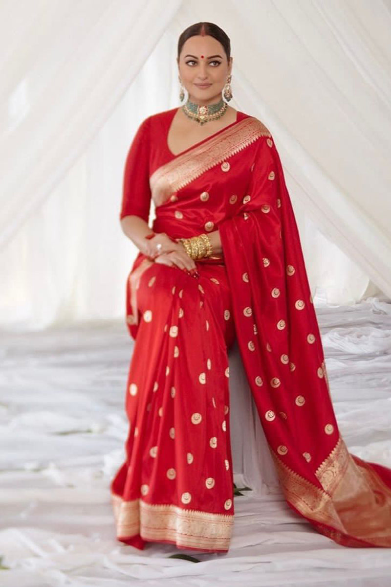 Surpassing Red Soft Silk Saree With Skinny Blouse Piece