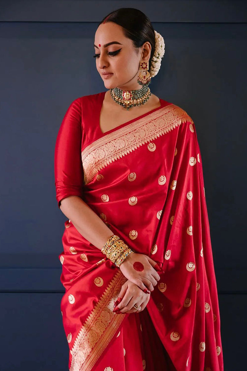 Surpassing Red Soft Silk Saree With Skinny Blouse Piece