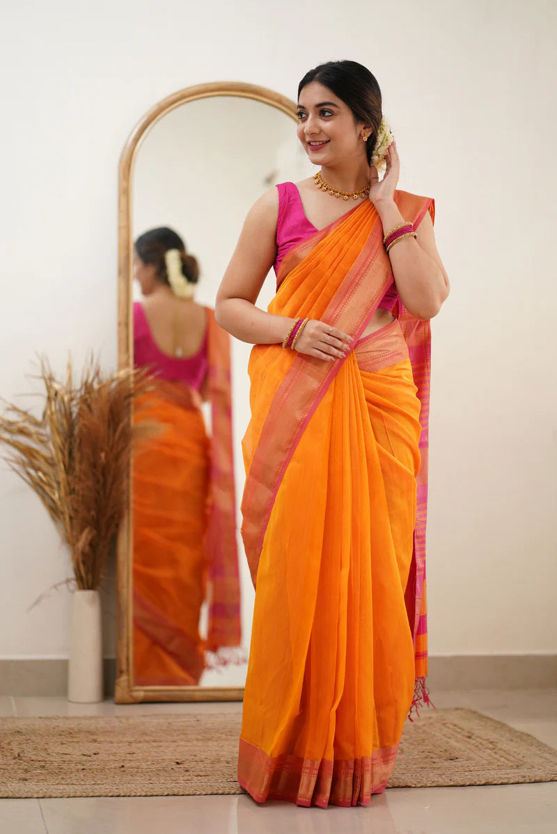 Bewitching Orange Cotton Silk Saree With Chatoyant Blouse Piece