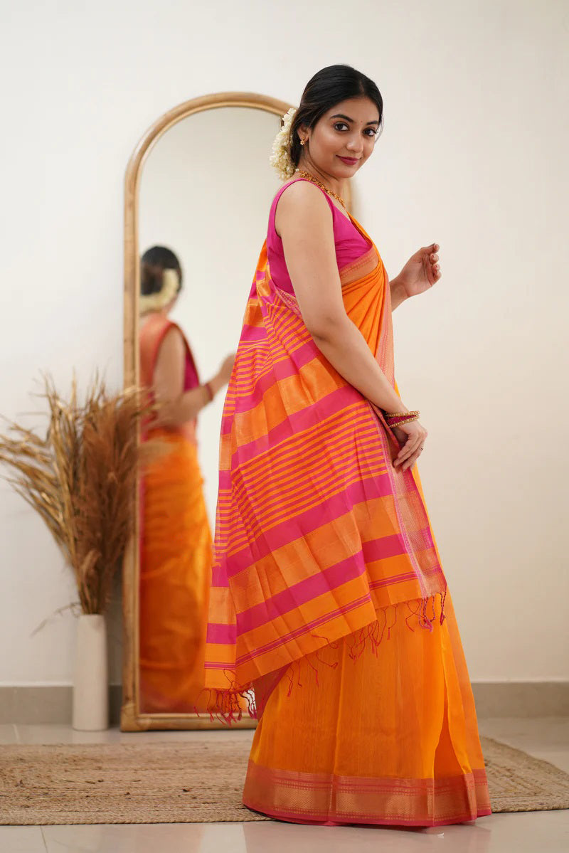 Bewitching Orange Cotton Silk Saree With Chatoyant Blouse Piece