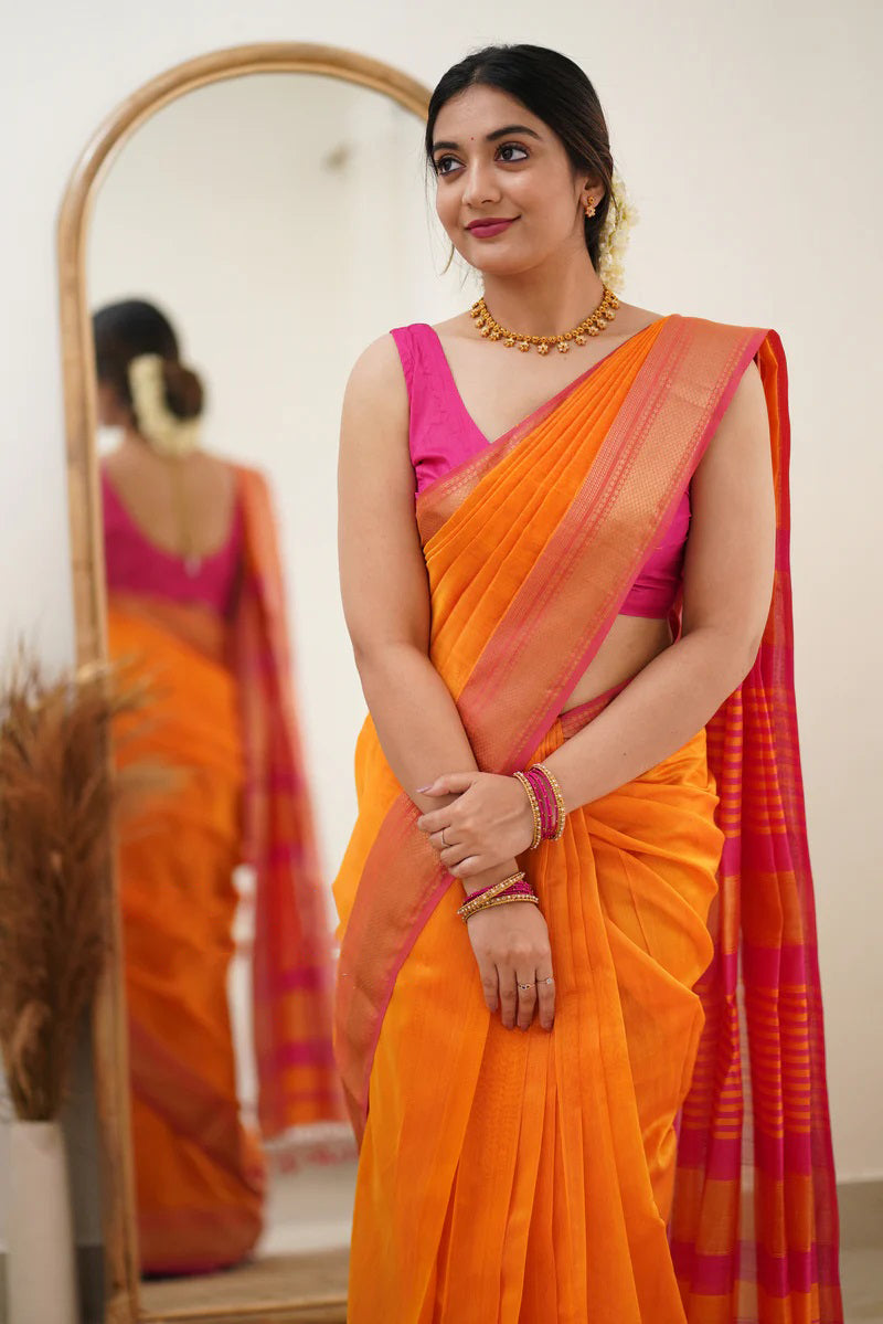 Bewitching Orange Cotton Silk Saree With Chatoyant Blouse Piece