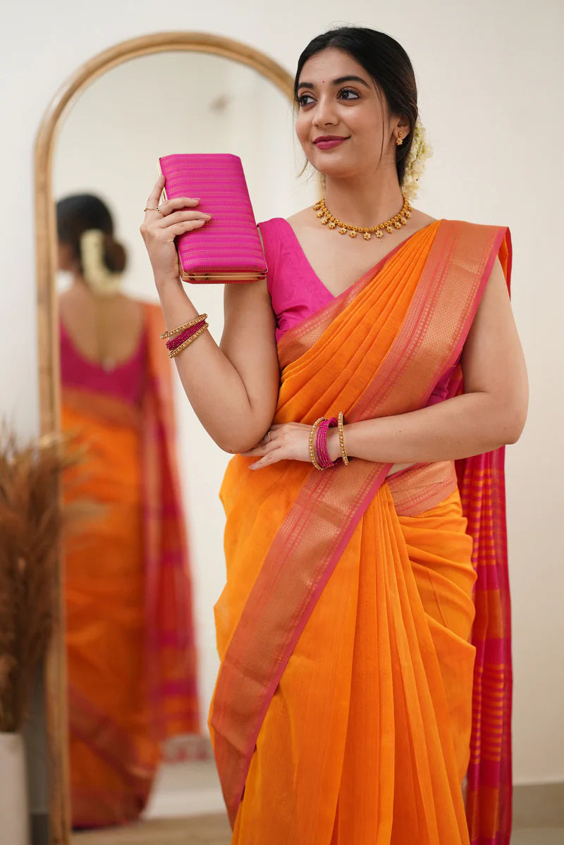 Bewitching Orange Cotton Silk Saree With Chatoyant Blouse Piece