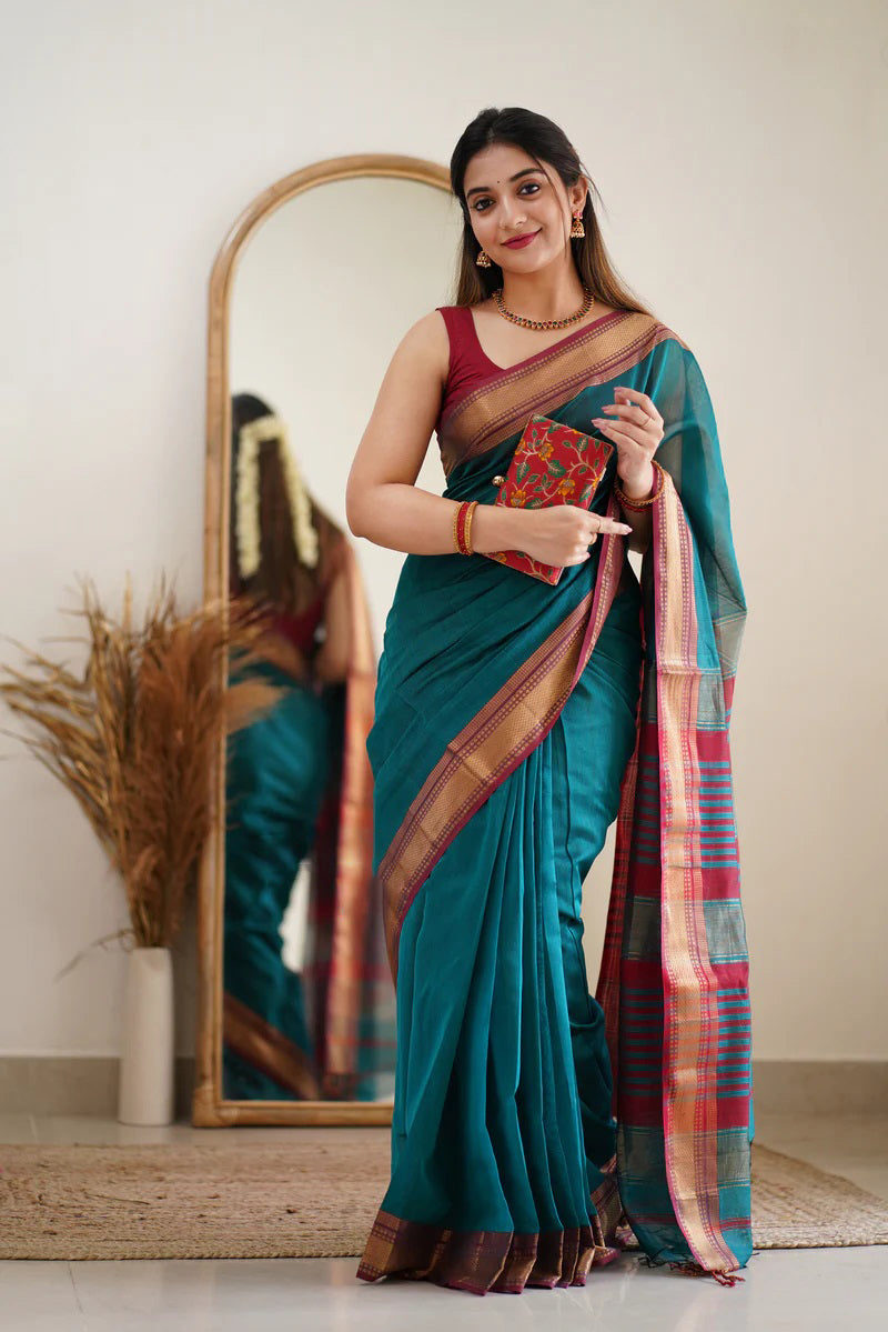 Felicitous Rama Cotton Silk Saree With Glorious Blouse Piece
