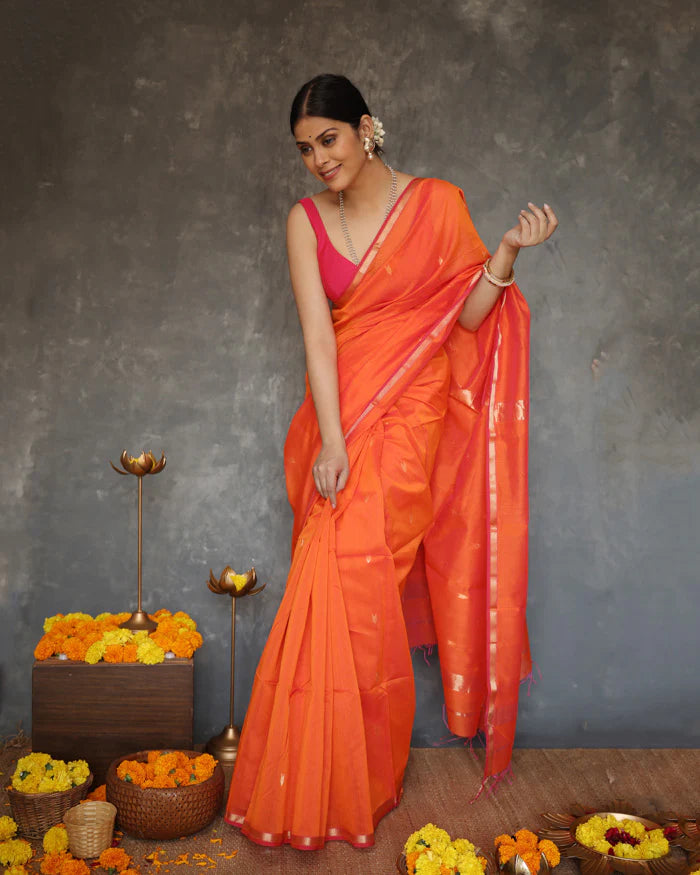 Phenomenal Orange Cotton Silk Saree With Redolent Blouse Piece