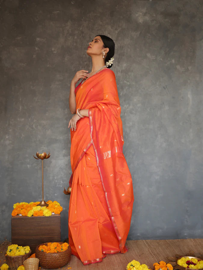 Phenomenal Orange Cotton Silk Saree With Redolent Blouse Piece