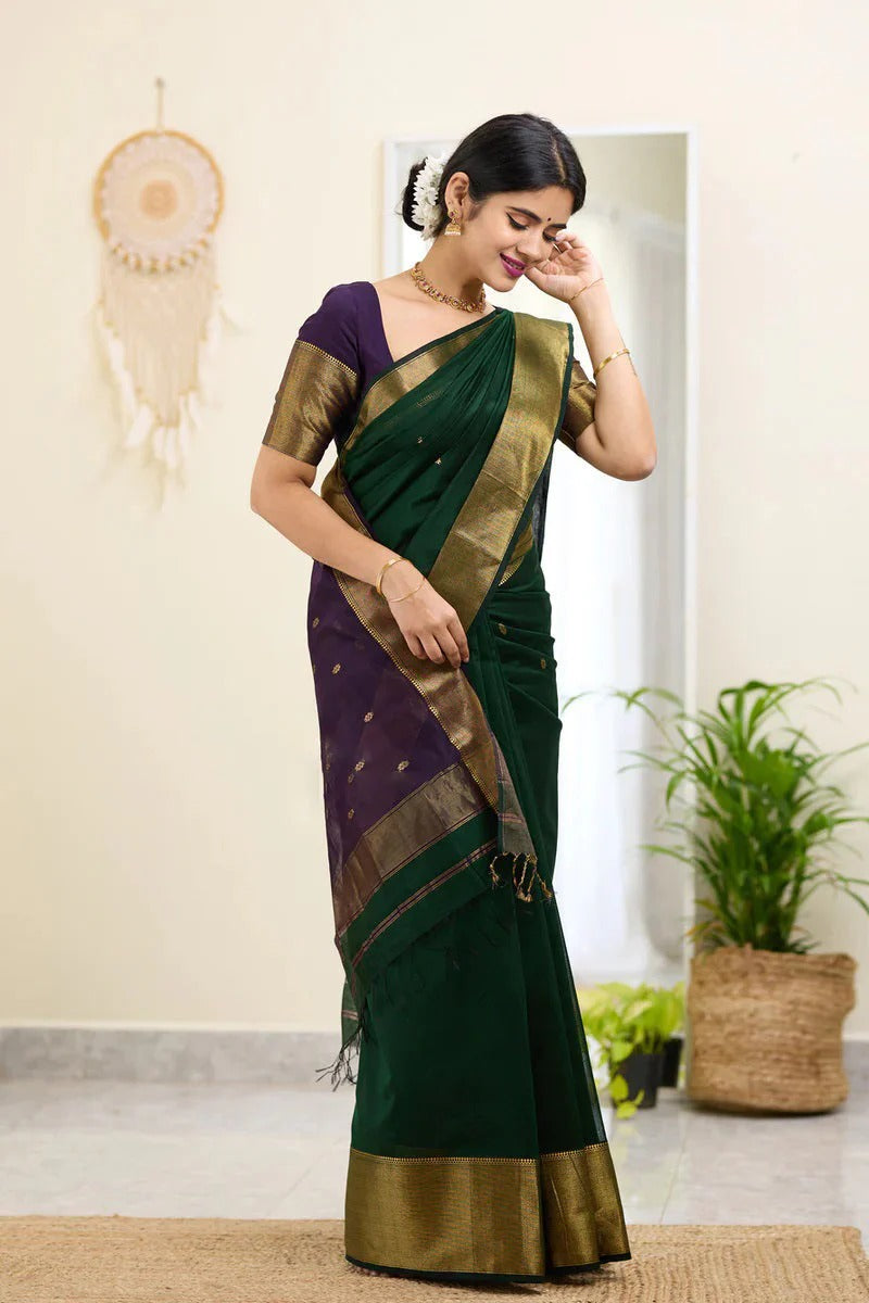 Adoring Dark Green Cotton Silk Saree With Blissful Blouse Piece