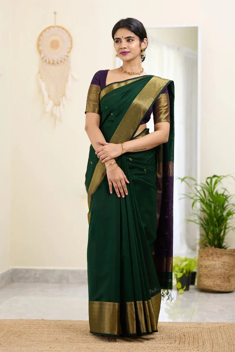 Adoring Dark Green Cotton Silk Saree With Blissful Blouse Piece