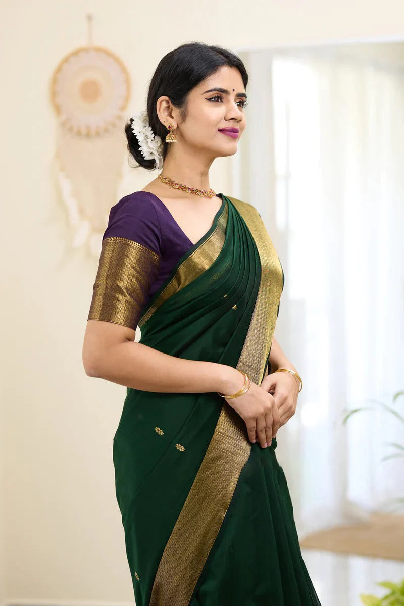 Adoring Dark Green Cotton Silk Saree With Blissful Blouse Piece