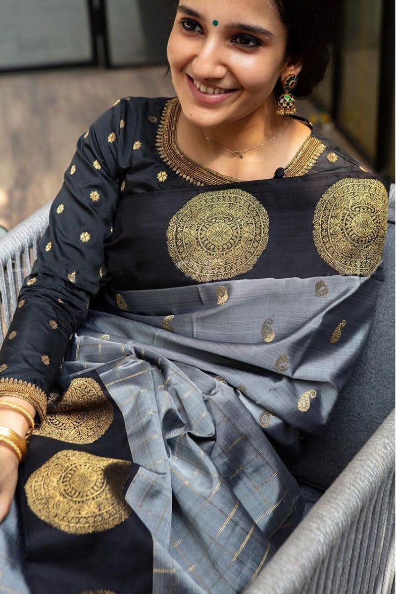 Bewitching Grey Soft Banarasi Silk Saree With Ravishing Blouse Piece