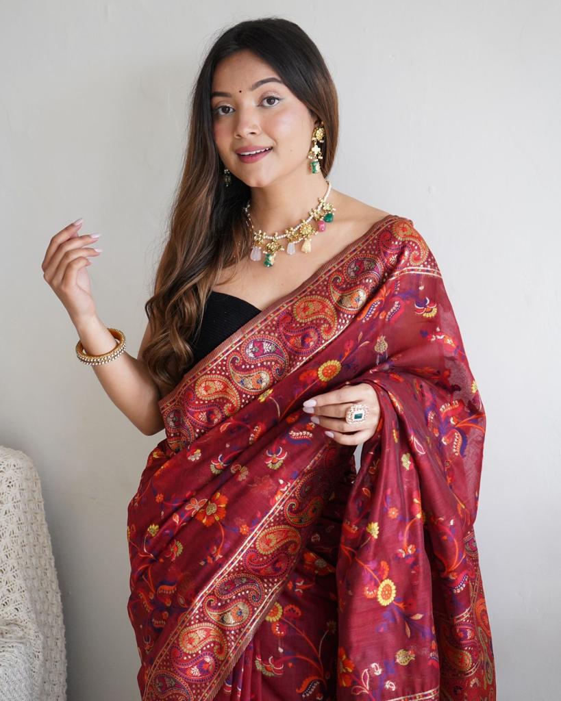 Opulent Maroon Pashmina Saree With Imbrication Blouse Piece