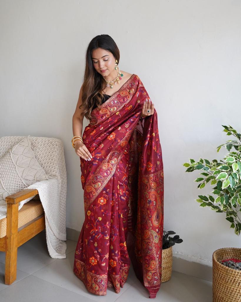 Opulent Maroon Pashmina Saree With Imbrication Blouse Piece