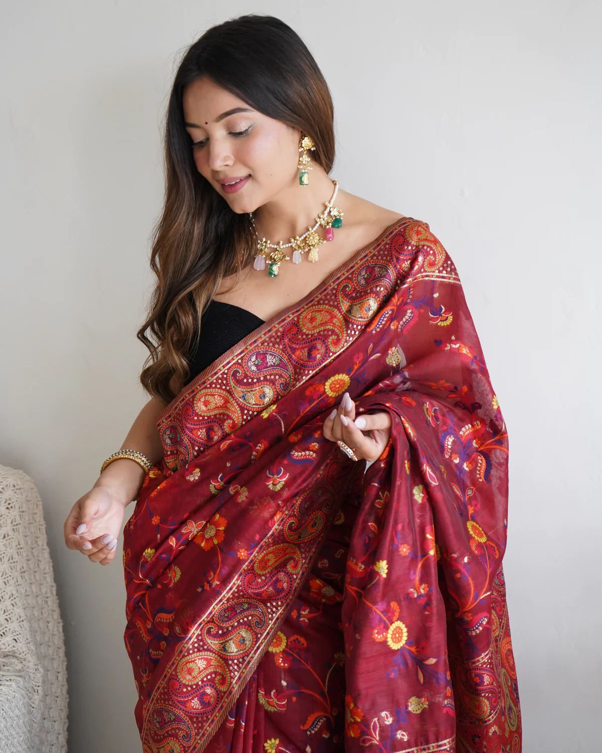 Opulent Maroon Pashmina Saree With Imbrication Blouse Piece