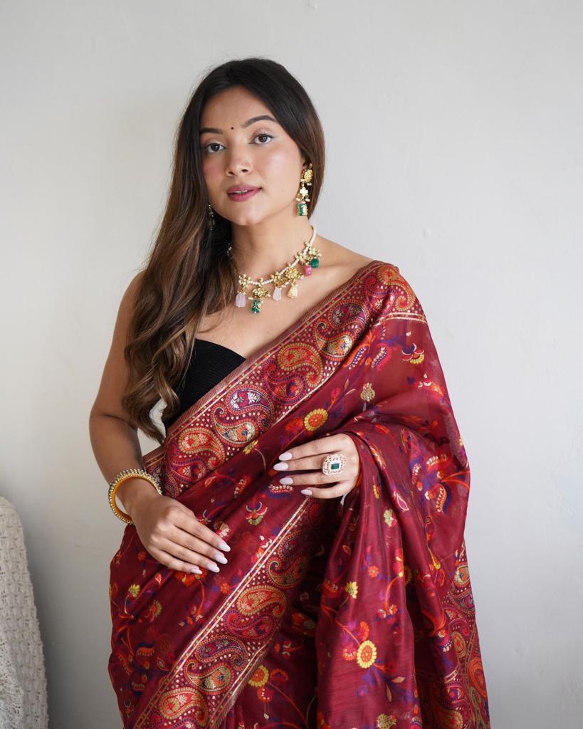 Opulent Maroon Pashmina Saree With Imbrication Blouse Piece