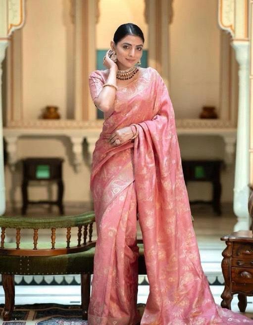 Exquisite Peach Soft Silk Saree With Precious Blouse Piece