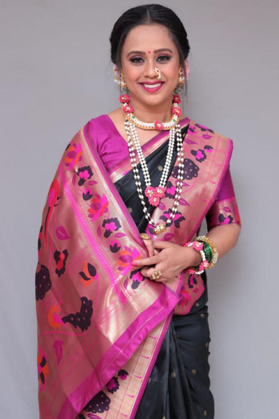 Twirling Black Color Paithani Silk Saree With Blouse Piece
