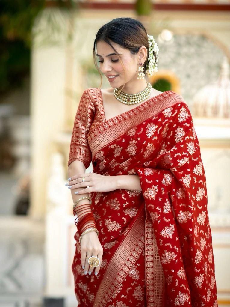 Staggering Red Soft Silk Saree With Diaphanous Blouse Piece