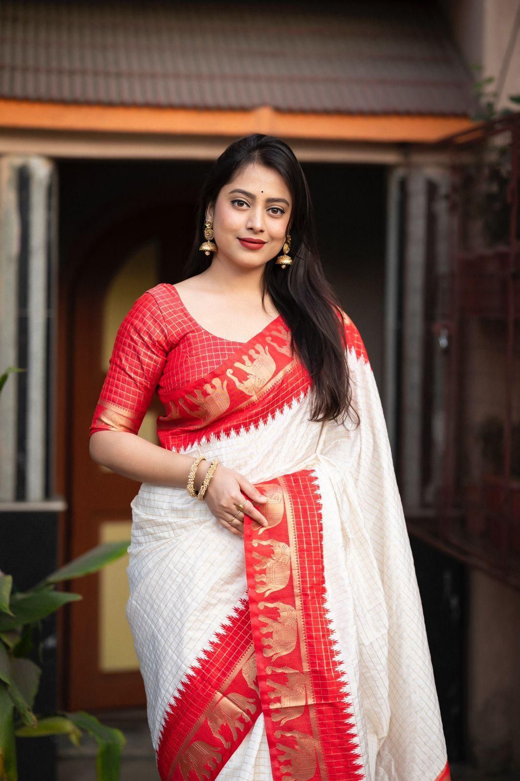 Staring Off White Soft Silk Saree With Prodigal Blouse Piece