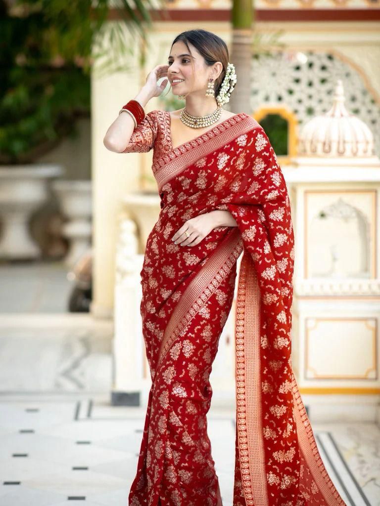 Staggering Red Soft Silk Saree With Diaphanous Blouse Piece