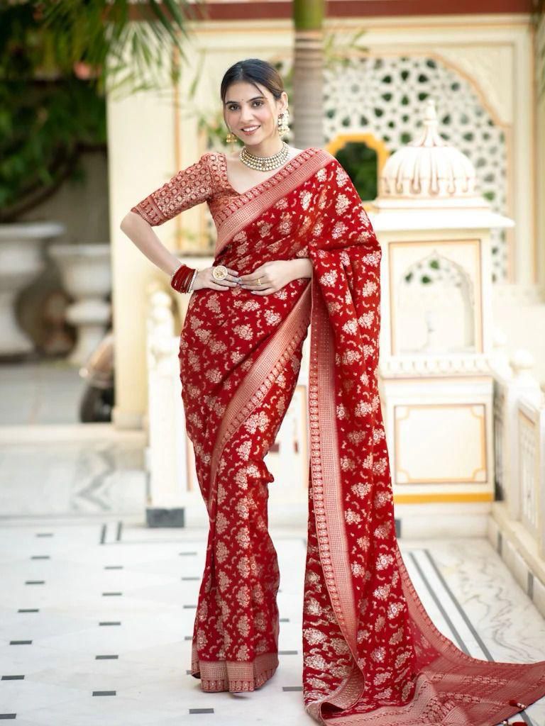 Staggering Red Soft Silk Saree With Diaphanous Blouse Piece