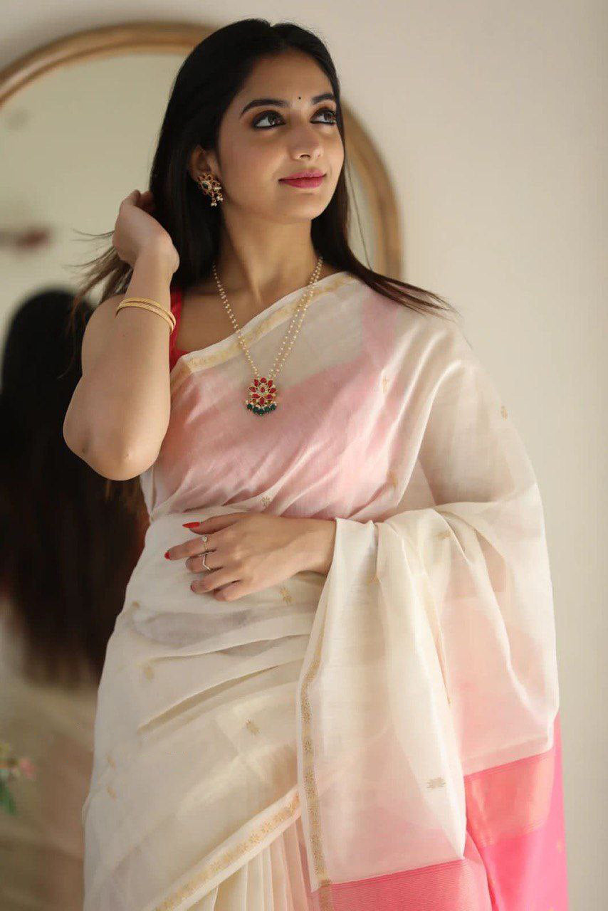 Nemesis White Cotton Silk Saree With Imaginative Blouse Piece