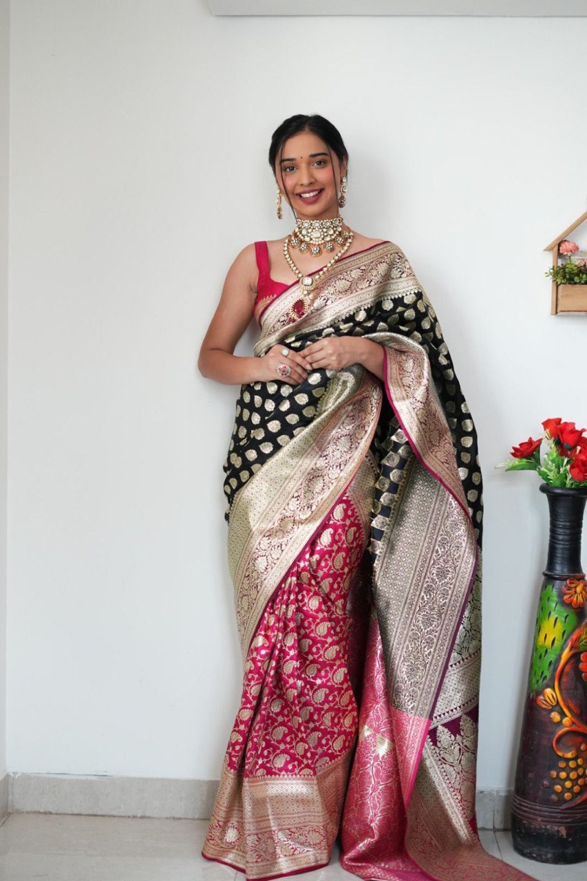 1 Minute Ready To Wear Black and Pink Color Soft Silk Saree