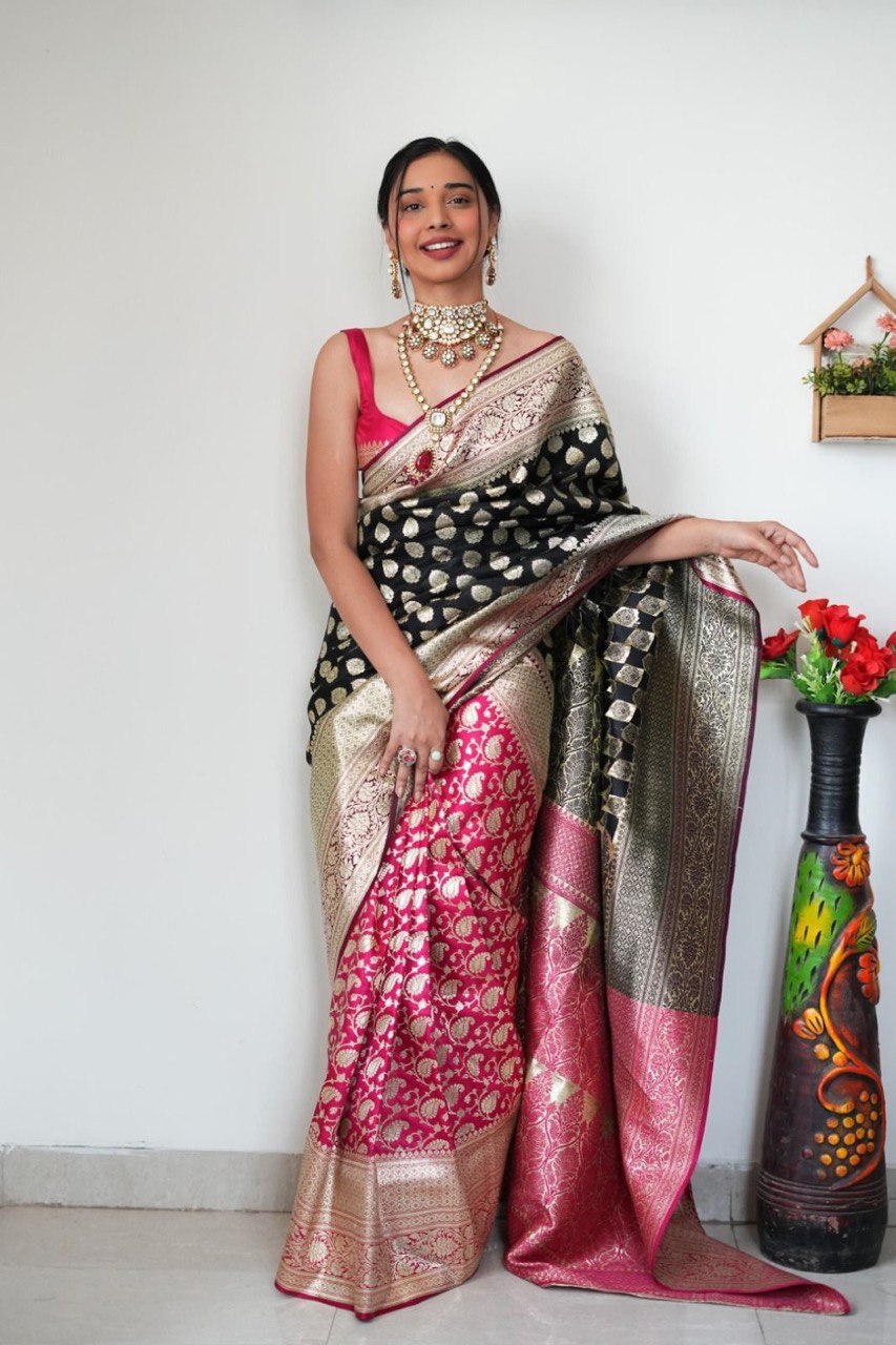 1 Minute Ready To Wear Black and Pink Color Soft Silk Saree