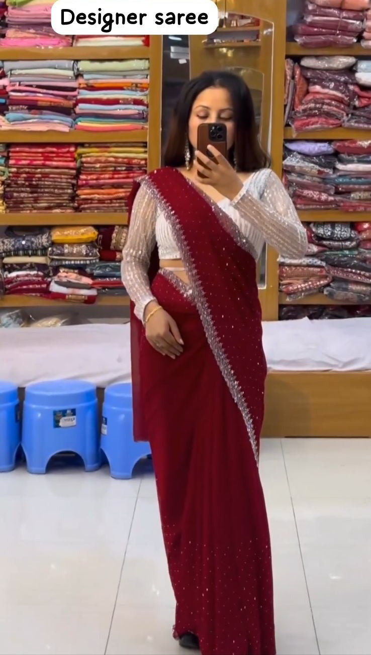 Fairytale Maroon Georgette Saree With Capricious Embroidery Blouse