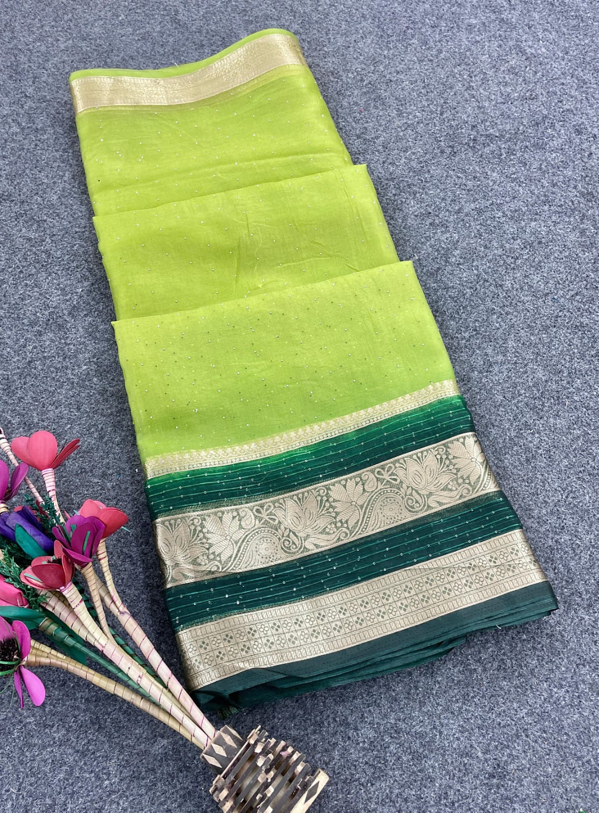 Magnific Parrot Green Organza Saree With Admirable Blouse Piece