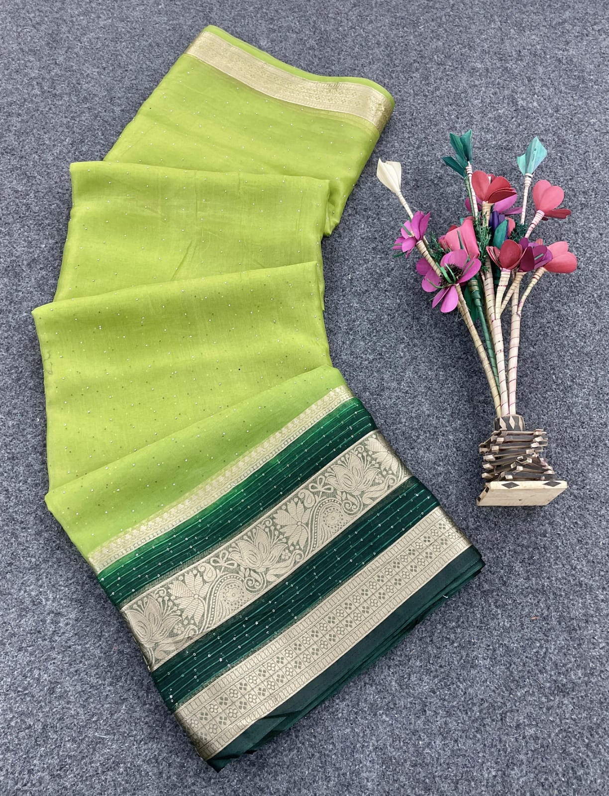 Magnific Parrot Green Organza Saree With Admirable Blouse Piece