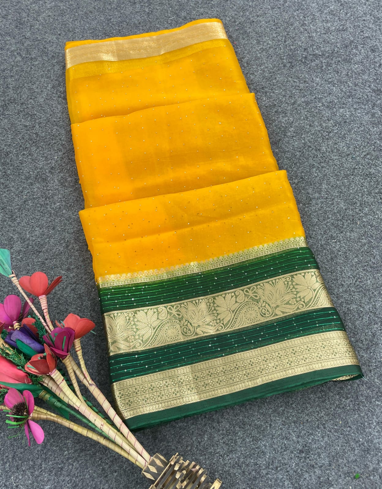 Traditional Yellow Organza Saree With Admirable Blouse Piece