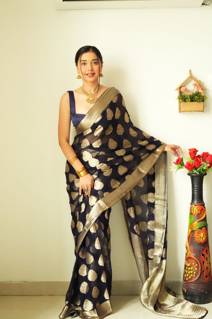 1 Minute Ready To Wear Black Color Jacquard Lichi Silk Saree With Unstitched Blouse