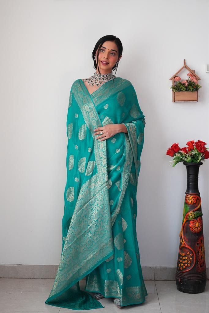 1 Minute Ready To Wear Sea Green Color Jacquard Lichi Silk Saree With Unstitched Blouse