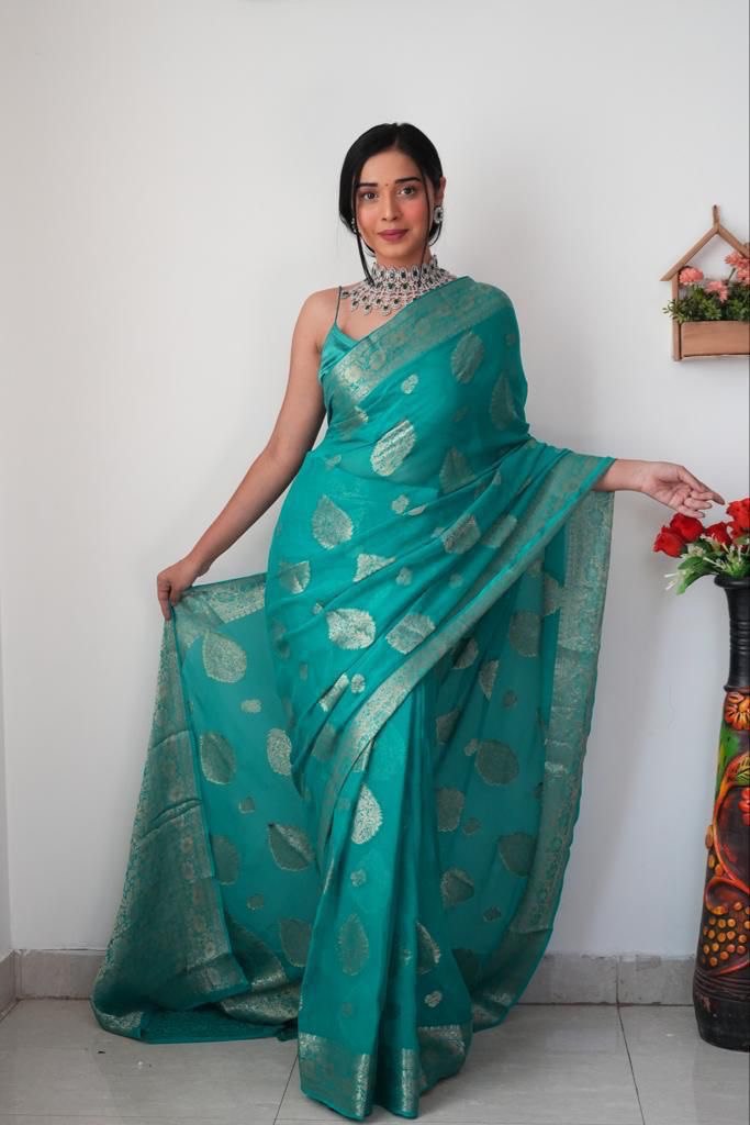 1 Minute Ready To Wear Sea Green Color Jacquard Lichi Silk Saree With Unstitched Blouse