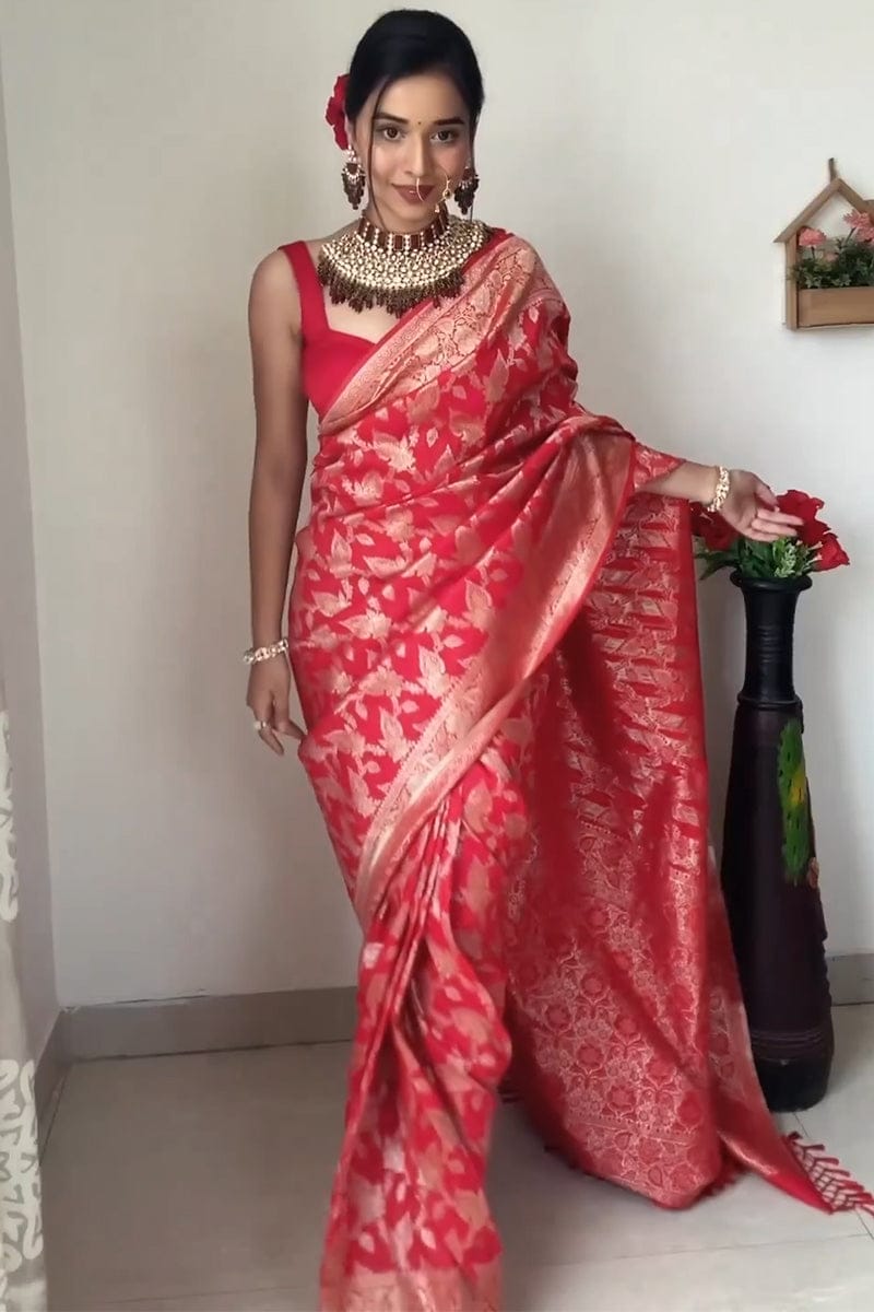 Ebullience 1 Minute Ready To Wear Red Color Soft Silk Saree With Unstitched Blouse