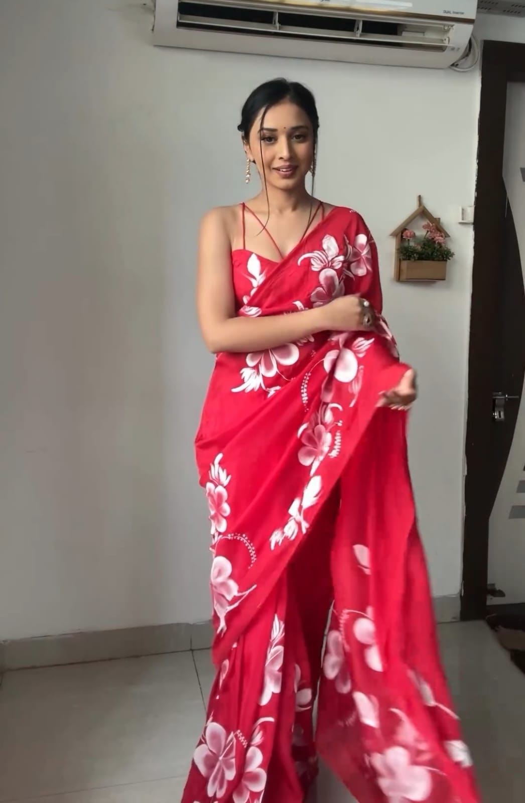 1 Minute Ready To Wear Red Color Floral Digital Printed Georgette Saree With Blouse Piece