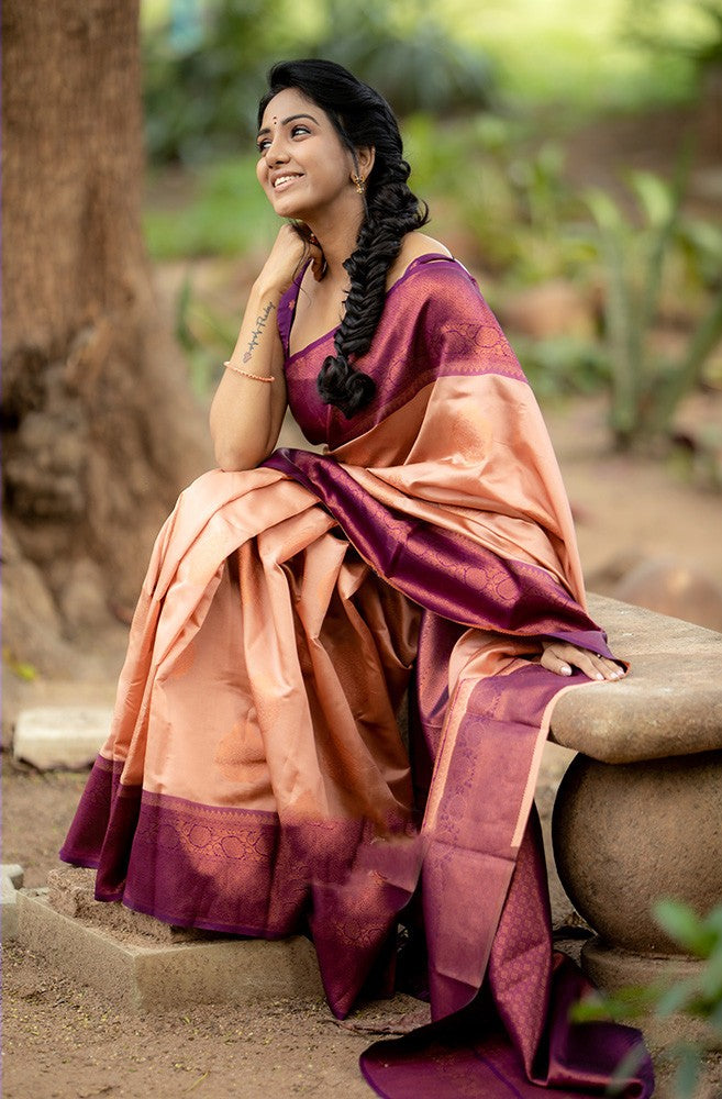Attractive Peach Color Silk Saree With Charming Blouse Piece
