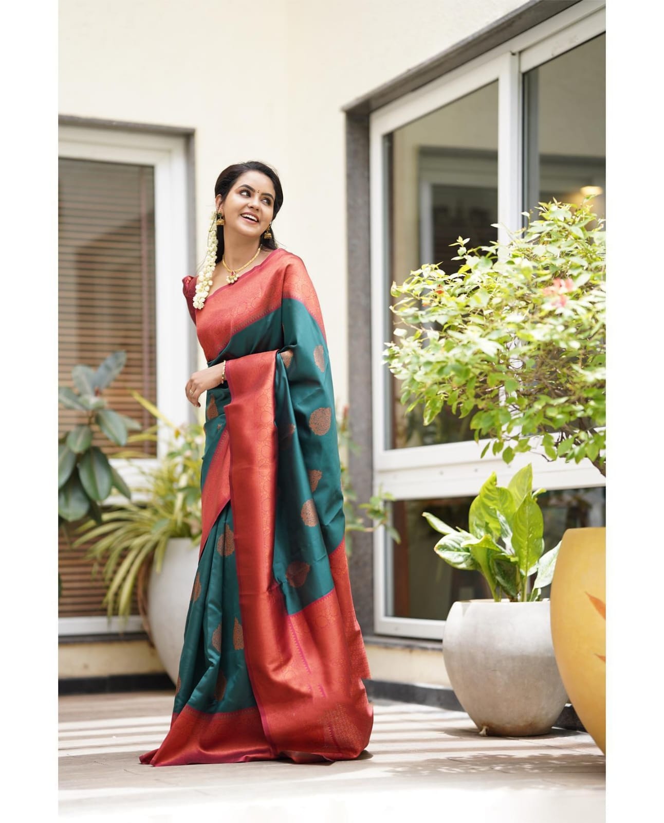 Attractive Rama Soft Silk Saree With Charming Blouse Piece