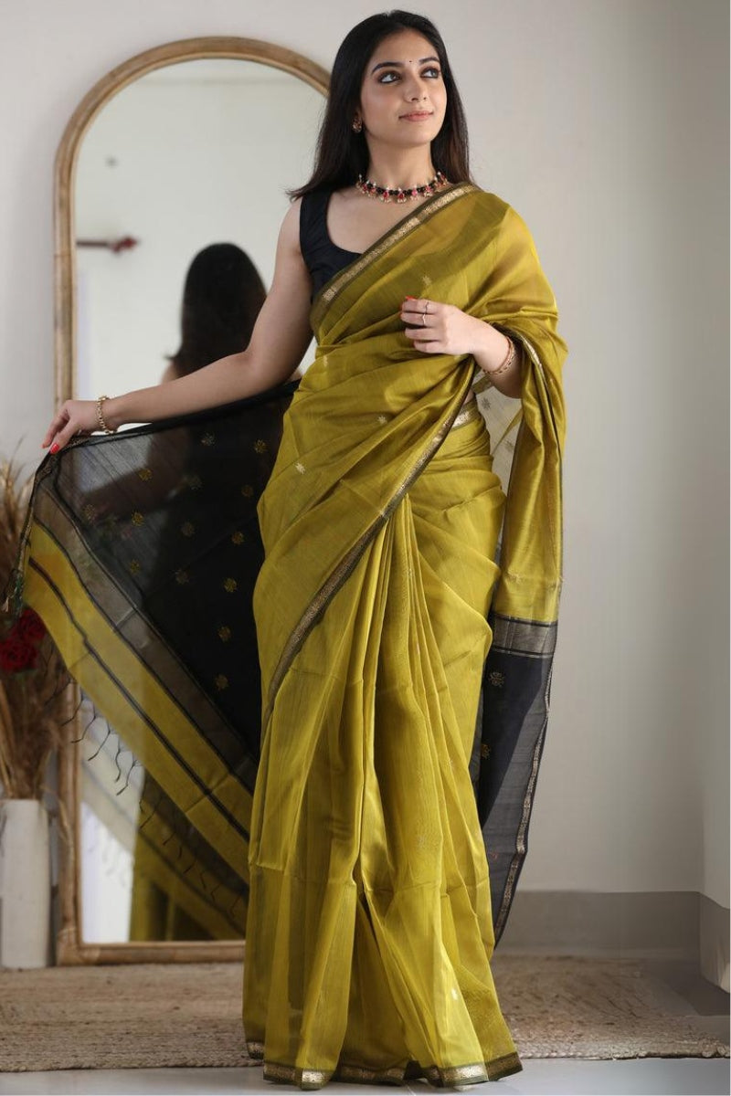 Palimpsest Mehndi Cotton Silk Saree With Captivating Blouse Piece