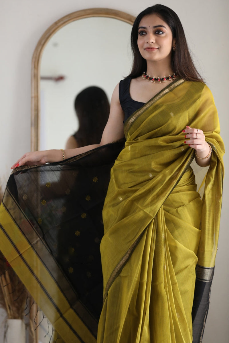 Palimpsest Mehndi Cotton Silk Saree With Captivating Blouse Piece